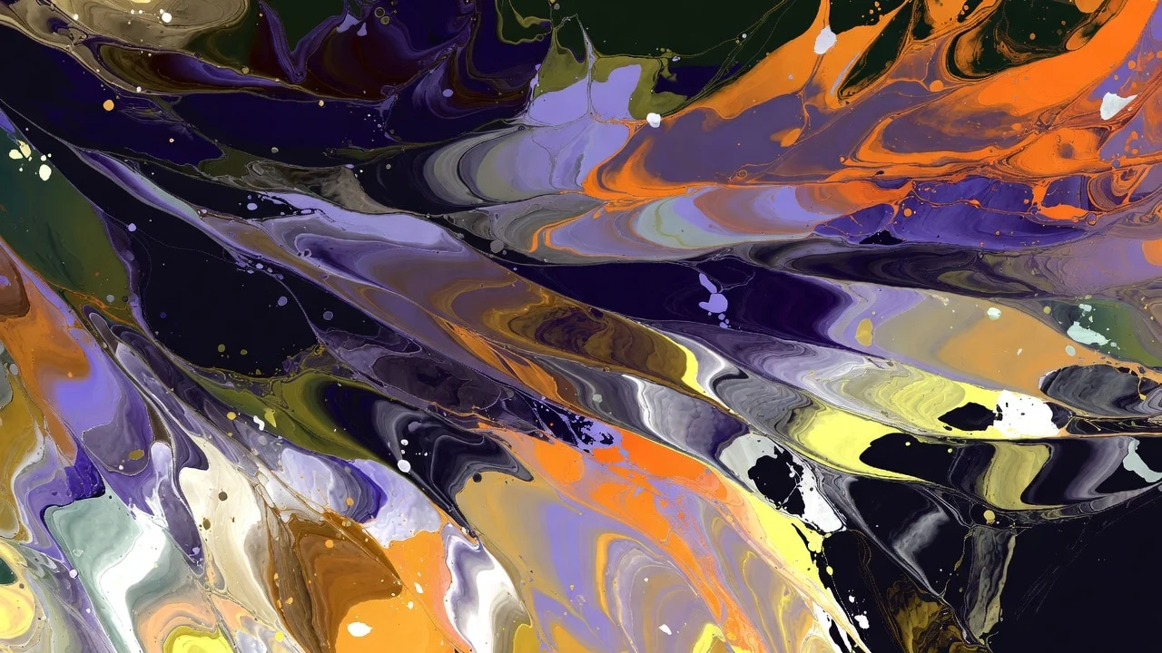 Abstrakti maalaus, jossa on oranssia, violettia, keltaista ja mustaa väriä. Maali on valunut ja sekoittunut luoden aaltoilevan kuvion.