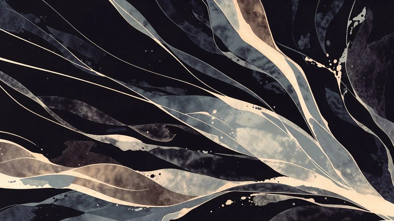 Abstrakti taideteos: tummia aaltoja ja vaaleita viivoja tummalla pohjalla, vesivärimainen tyyli.