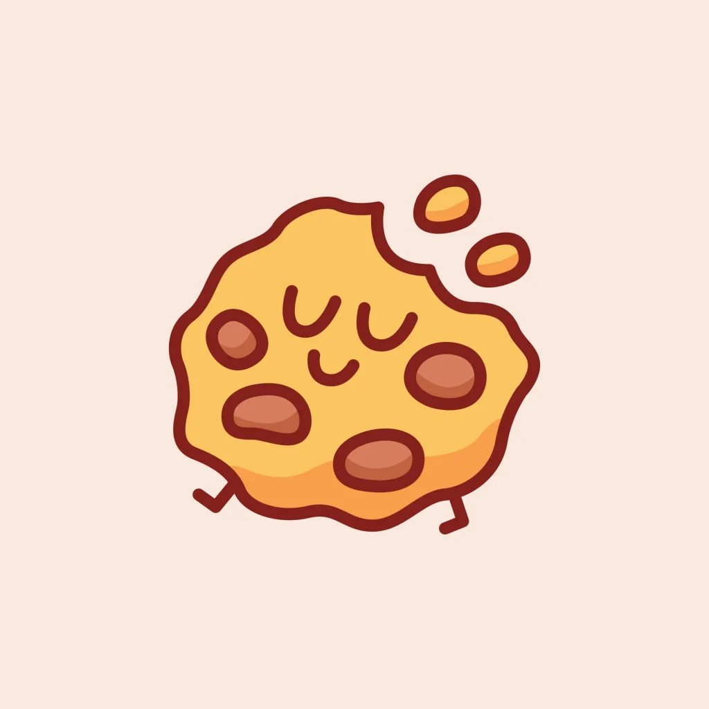 Sarjakuvamainen, hymyilevä keksi, josta on otettu haukku. Keksissä suklaahippuja ja pienet jalat.