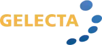 Gelecta-logo: keltainen teksti "GELECTA" ja sinisiä pisteitä kaarevassa muodossa mustalla taustalla.