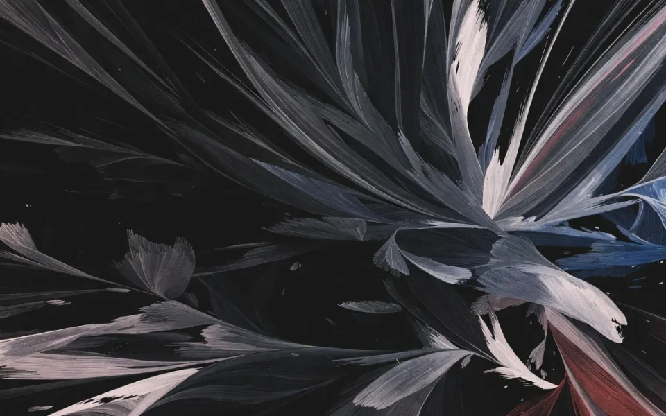 Abstrakti maalaus, jossa on sulkamaisia muotoja mustalla taustalla. Värit vaihtelevat harmaasta, valkoisesta, sinisestä ja punaisesta.